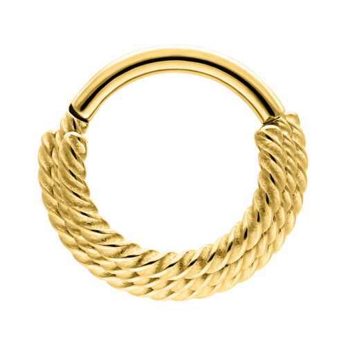 Goldener Septum Clicker mit drei gedrehten Seilen auf weißem Hintergrund