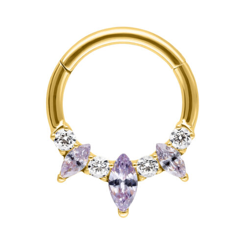 Goldener Septum Clicker mit lavendelfarbenen Marquise Kristallen auf weißem Hintergrund