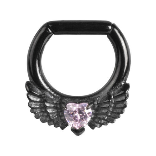Schwarzer Septum Clicker mit Flügeln und rosa Herz-Kristall auf weißem Hintergrund