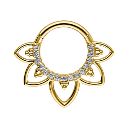 Goldener Septum Clicker mit Blumenmuster und Kristallen auf weißem Hintergrund