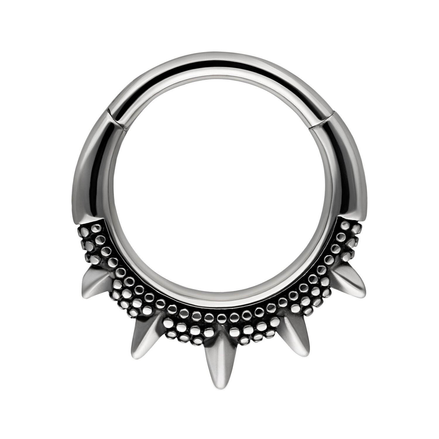 Oriental Spiked Clicker in Schwarz und Silber Orientalischer Piercingring mit Nieten und Spikes, schwarz-silber, auf weißem Hintergrund