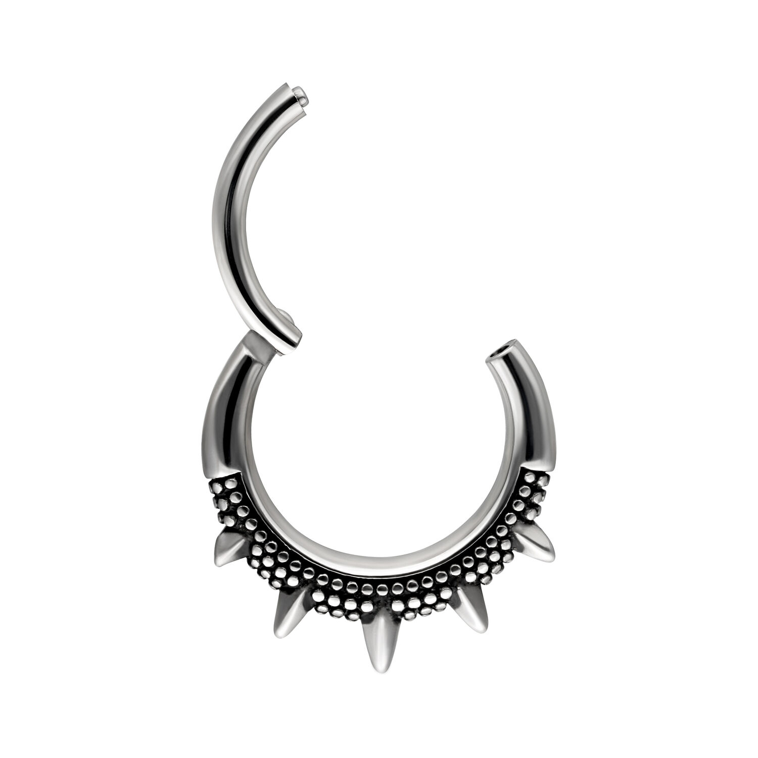 Oriental Spiked Clicker in Silber Silberner Piercingring mit Spikes auf weißem Hintergrund