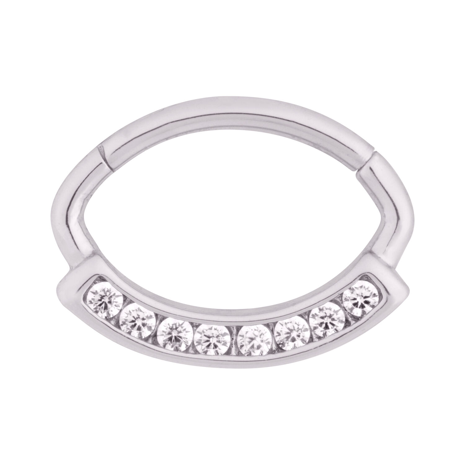 Channel Hinged Ring mit Kristallen, Silber Silberner Channel Hinged Ring mit klaren Kristallen auf weißem Hintergrund