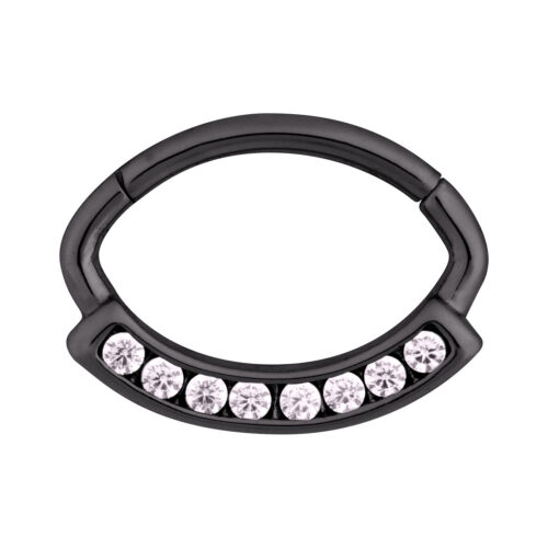 Schwarzer Channel Hinged Ring mit klaren Kristallen auf weißem Hintergrund