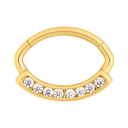 Goldener Channel Hinged Ring mit klaren Kristallen auf weißem Hintergrund