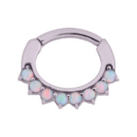 Weißer Opal Prong Clicker 1,2 mm 6,0 mm Silberner Opal Prong Clicker mit weißen Opalen auf weißem Hintergrund
