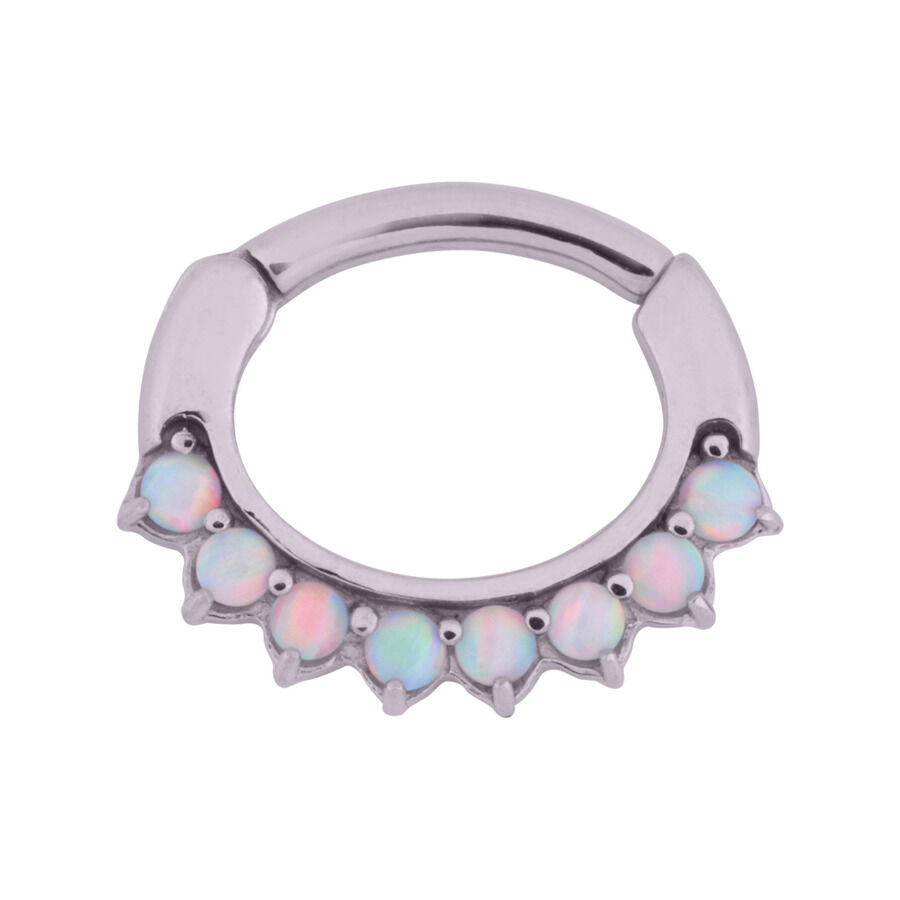 Weißer Opal Prong Clicker 1,2 mm 6,0 mm Silberner Opal Prong Clicker mit weißen Opalen auf weißem Hintergrund