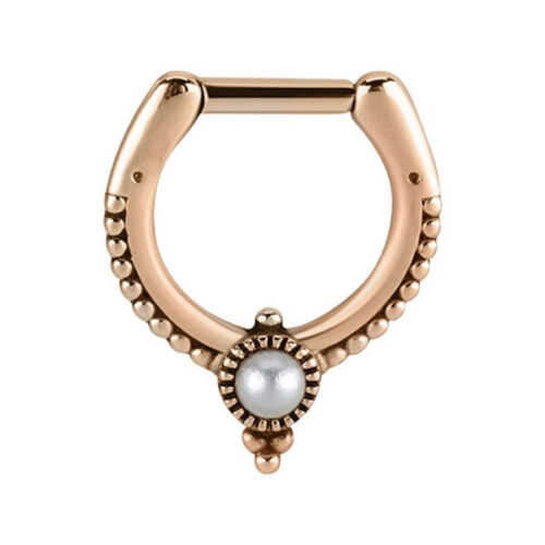 Roségoldener Septum Clicker mit Perle auf weißem Hintergrund
