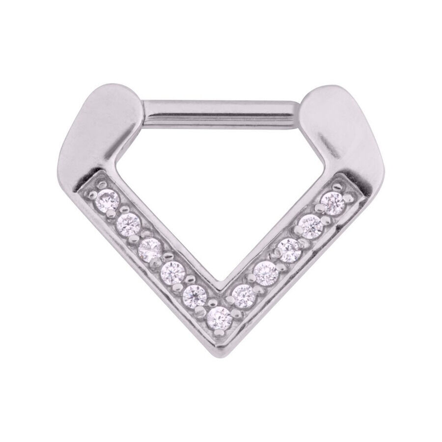 Eleganter Septum Clicker mit Kristallen Silberner Septum Clicker in Dreieckform mit klaren Kristallen auf weißem Hintergrund