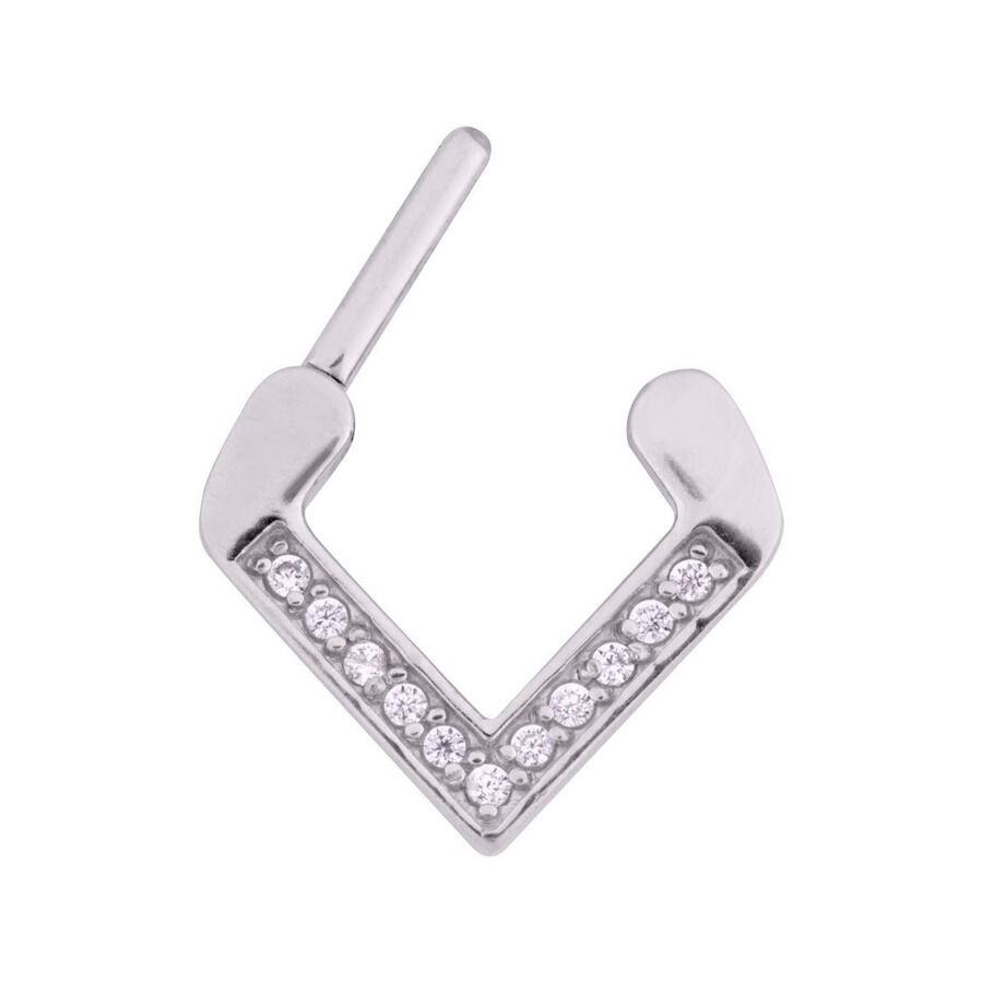 Silberner Jewelled Triangle Septum Clicker 8mm Silberner Septum Clicker in Dreiecksform mit Kristallverzierung auf weißem Hintergrund