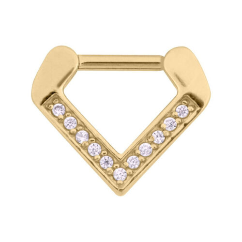 Goldener Septum Clicker in Dreiecksform mit klaren Kristallen, 1,2 mm Stärke