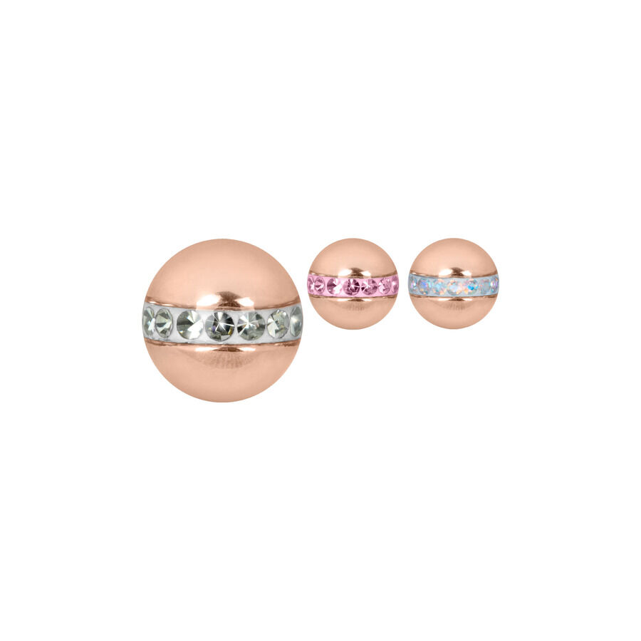 Roségold Aufsatz mit Kristallen für Piercings Drei roségoldene Aufsätze mit klaren, rosa und schillernden Kristallen auf weißem Hintergrund