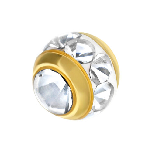 Goldener Piercing-Aufsatz mit klaren Kristallen auf weißem Hintergrund
