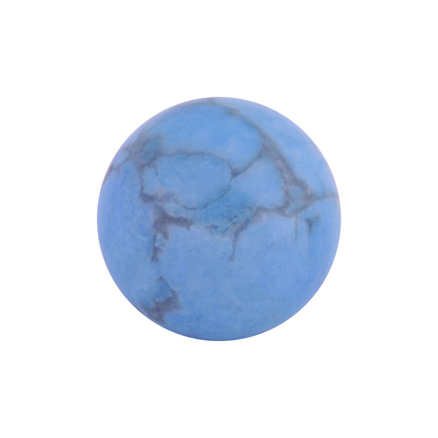 Blauer Halbedelstein Piercing Aufsatz Runder blauer Halbedelstein mit grauen Adern auf weißem Hintergrund