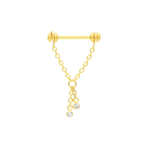Goldener Nippel Barbell mit zwei hängenden Kristallketten auf weißem Hintergrund