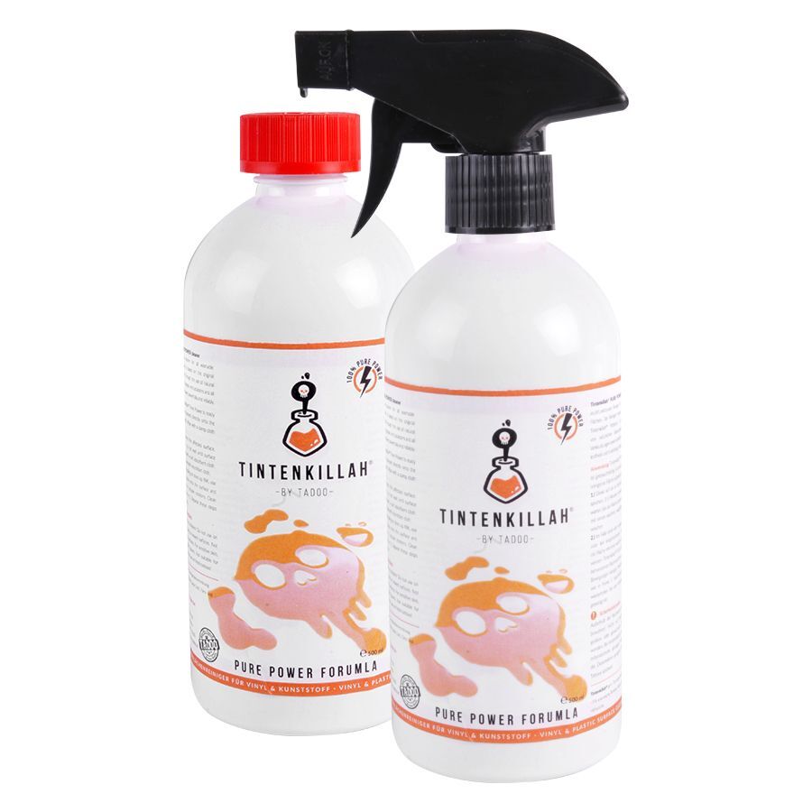 TADOO Tintenkillah Set 500 ml mit Sprühkopf Zwei TADOO Tintenkillah Flaschen, eine mit rotem Deckel und eine mit schwarzem Sprühkopf, auf weißem Hintergrund