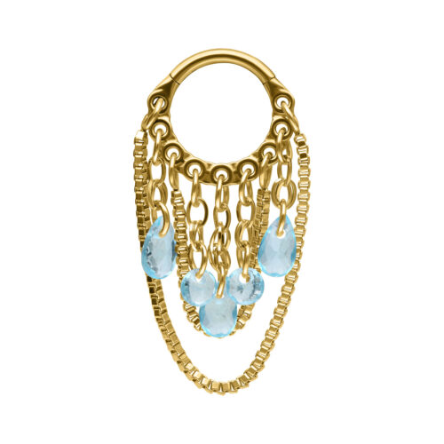 Goldener Piercing-Ring mit hängenden hellblauen Kristallen auf weißem Hintergrund
