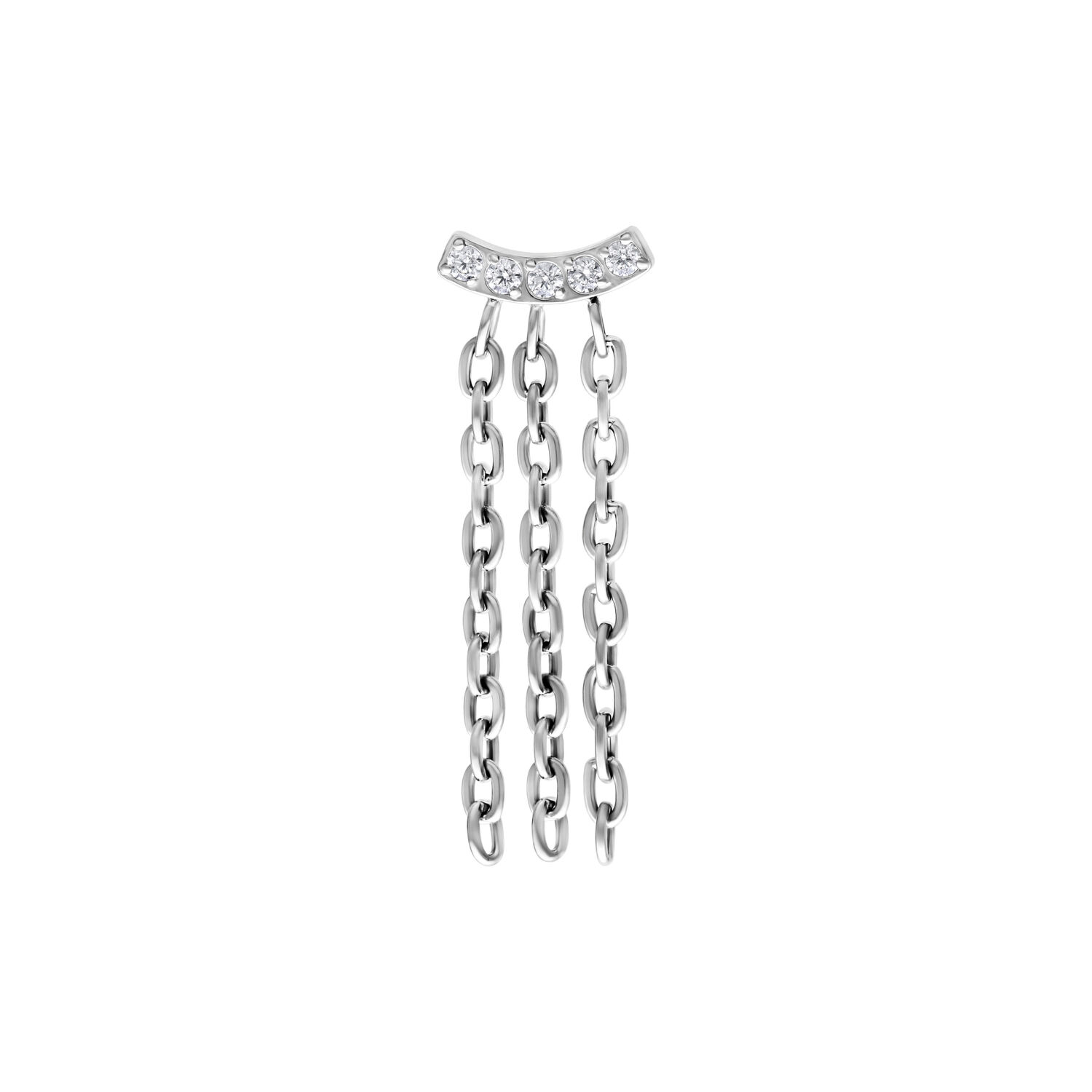 Silberner Push Fit Crystal Bar Chain Aufsatz Silberner Piercingaufsatz mit Kristallen und Ketten auf weißem Hintergrund