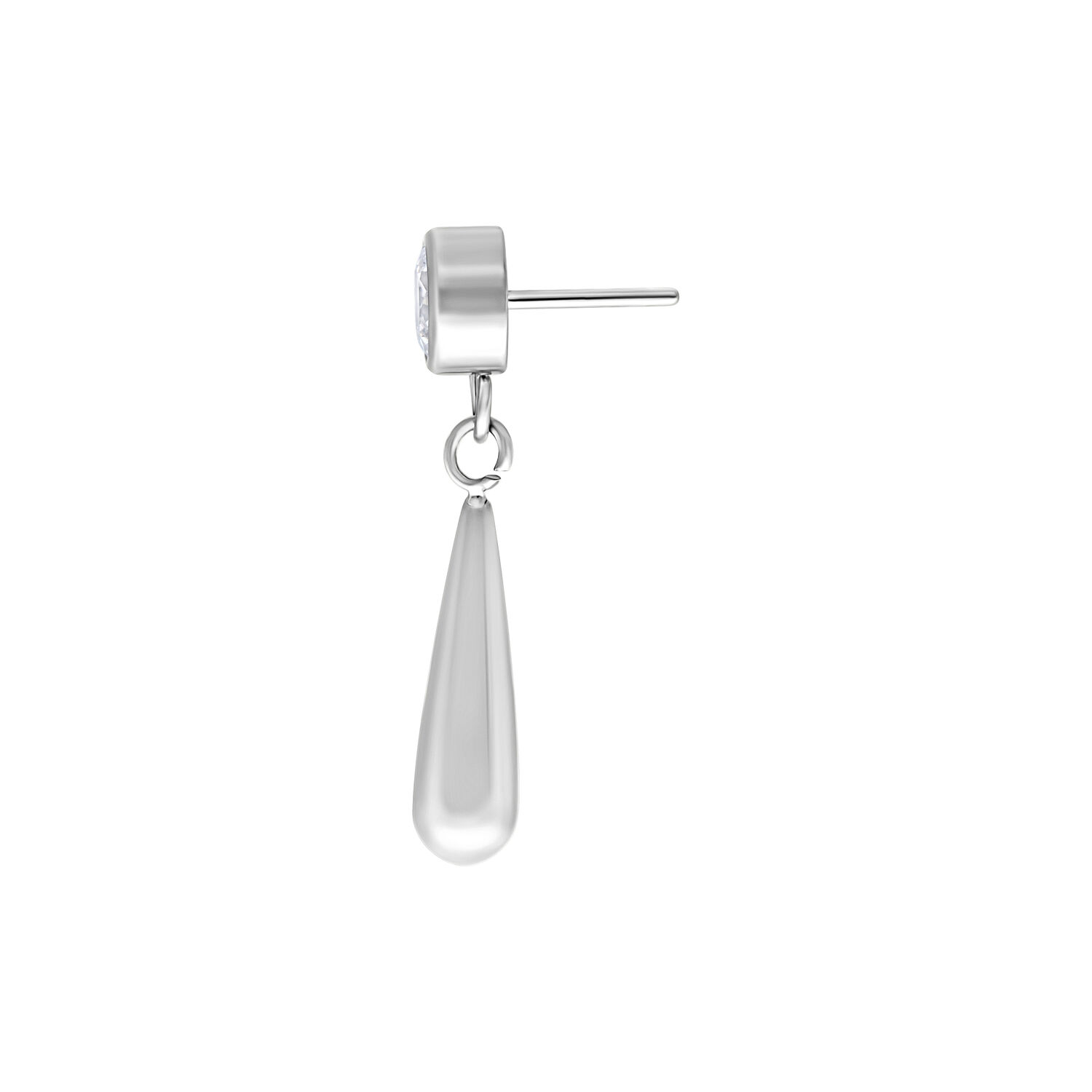 Silberner Crystal Drop Aufsatz für Piercings Silberner Piercing-Aufsatz mit klaren Kristall und Tropfenform auf weißem Hintergrund