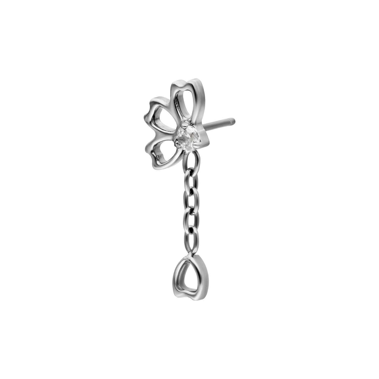 Silberner Push Fit Aufsatz mit Kristall Silberner Piercing-Aufsatz in Blumenform mit Kristallkette auf weißem Hintergrund