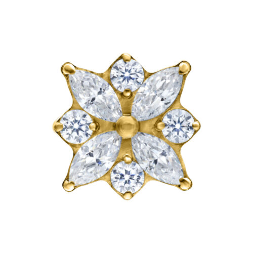 Goldener Push Fit Crystal Blossom Aufsatz mit klaren Kristallen auf weißem Hintergrund