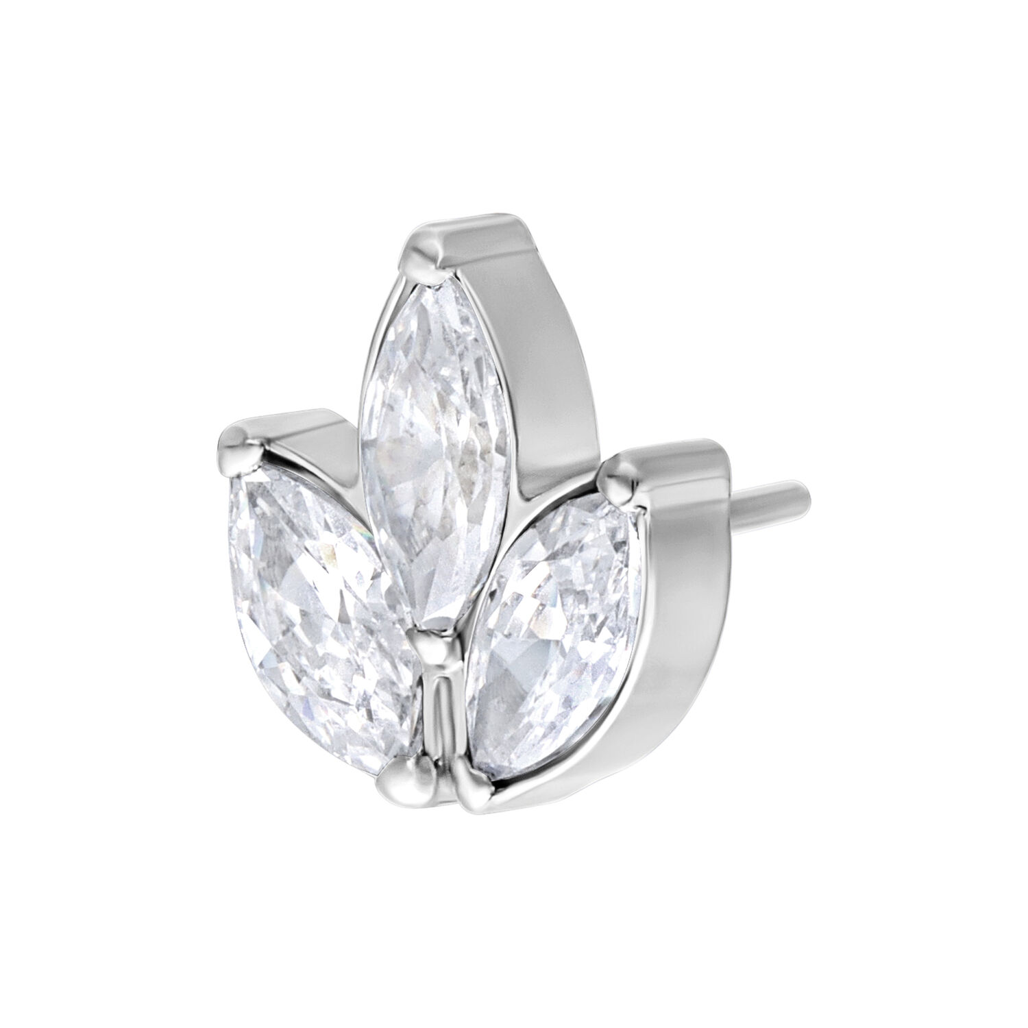 Silberner Push Fit Oval Flower Aufsatz Silberner Piercingaufsatz mit ovalen, kristallklaren Steinen auf weißem Hintergrund