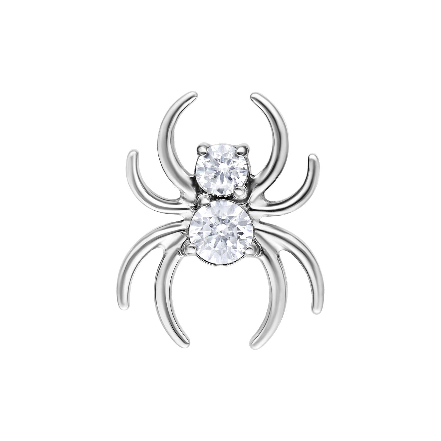 Silberfarbener Push Fit Crystal Spider Aufsatz Silberner Spinnenaufsatz mit zwei kristallklaren Steinen auf weißem Hintergrund