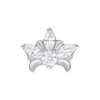 Silberner Tiara Aufsatz mit Kristallsteinen Silberner Tiara-Aufsatz aus Metall mit klaren Kristallen auf weißem Hintergrund
