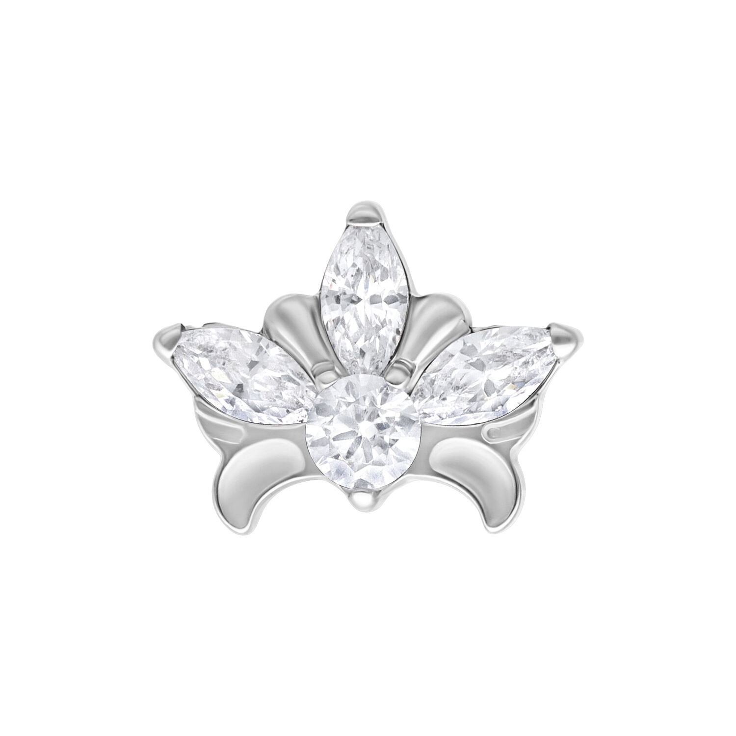 Silberner Tiara Aufsatz mit Kristallsteinen Silberner Tiara-Aufsatz aus Metall mit klaren Kristallen auf weißem Hintergrund