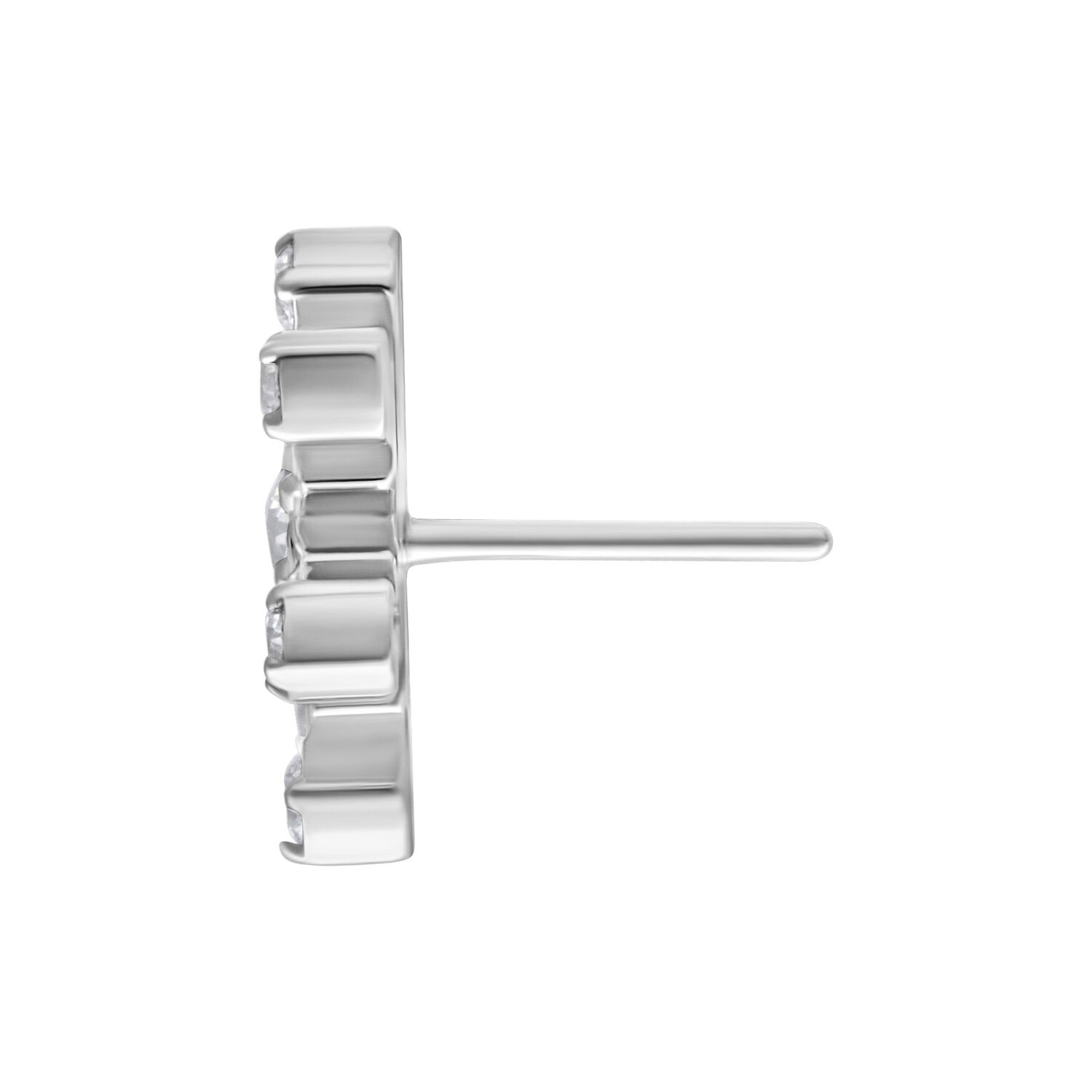Silberner Push Fit Blumenaufsatz aus Titan Seitenansicht eines silbernen Titan Push Fit Blumenaufsatzes mit klaren Kristallen