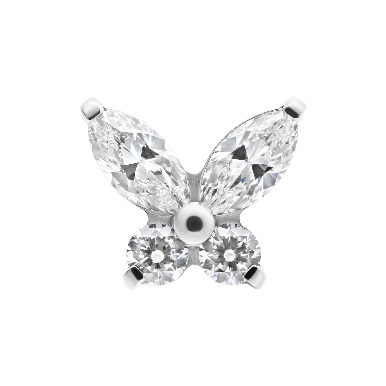 Schmetterlings-Aufsatz aus Titan mit Kristallen Schmetterlingsförmiger Push Fit Aufsatz aus Titan, glitzernde Kristalle, silberner Hintergrund