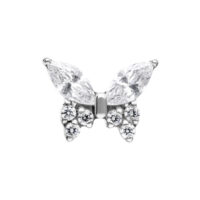 Schmetterling Aufsatz mit Kristallen, Push Fit Silberner Schmetterling-Piercingaufsatz mit klaren Kristallen auf weißem Hintergrund