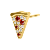 Goldener Pizza Slice Aufsatz mit Kristallen Goldener Pizzastück-Aufsatz mit roten und klaren Kristallen auf weißem Hintergrund