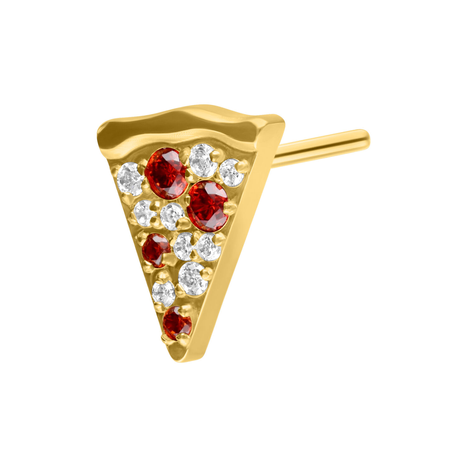 Goldener Pizza Slice Aufsatz mit Kristallen Goldener Pizzastück-Aufsatz mit roten und klaren Kristallen auf weißem Hintergrund