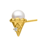 Goldener Eiscreme-Piercingaufsatz mit Kristall Goldener Push Fit Aufsatz in Form eines Eiswaffels mit Kristall und weißer Perle auf weißem Hintergrund