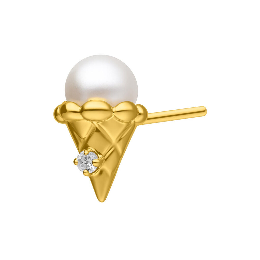 Goldener Eiscreme-Piercingaufsatz mit Kristall Goldener Push Fit Aufsatz in Form eines Eiswaffels mit Kristall und weißer Perle auf weißem Hintergrund