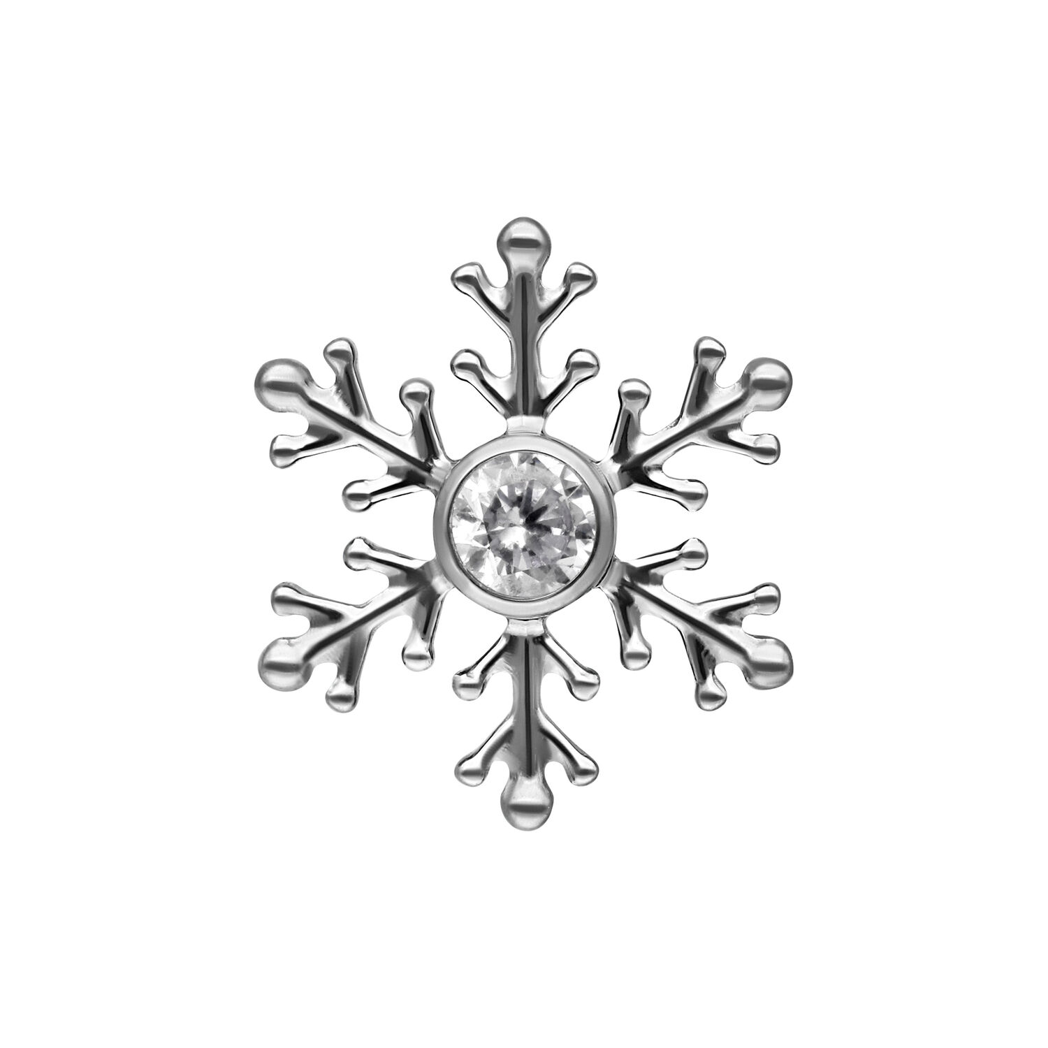 Silberner Schneeflocken-Aufsatz mit Kristall Silberner Schneeflocken-Piercingaufsatz mit klarem Kristall auf weißem Hintergrund