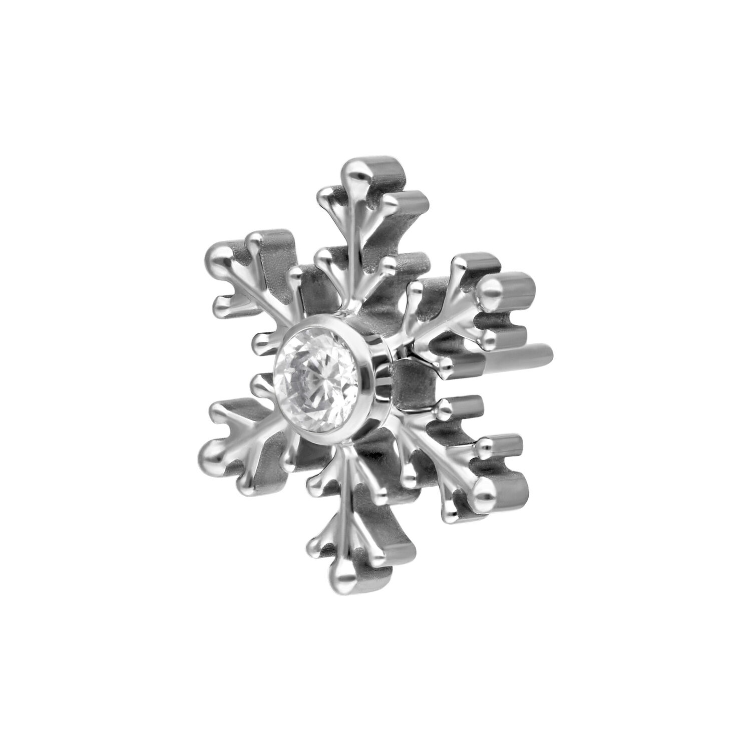 Schneeflocken-Aufsatz mit klarem Kristall Silberner Schneeflocken-Piercingaufsatz mit klarem Kristall auf weißem Hintergrund
