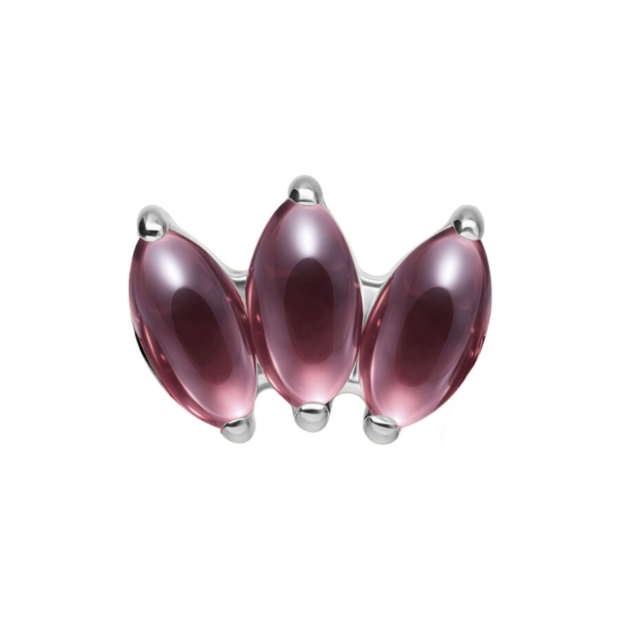 Silberner Push Fit Lotus-Aufsatz mit drei Amethyst-Steinen auf weißem Hintergrund