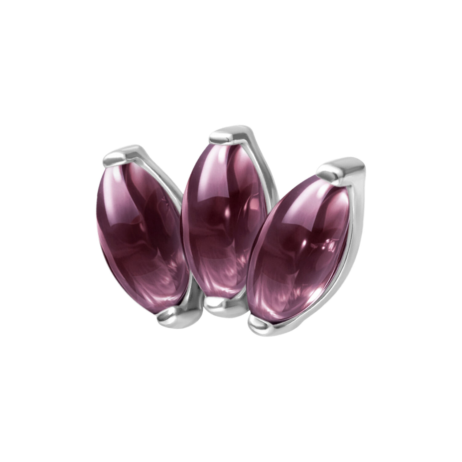 Lotus Aufsatz Silber mit Amethyst Edelstein Silberner Lotus Aufsatz mit drei lila Amethysten auf weißem Hintergrund