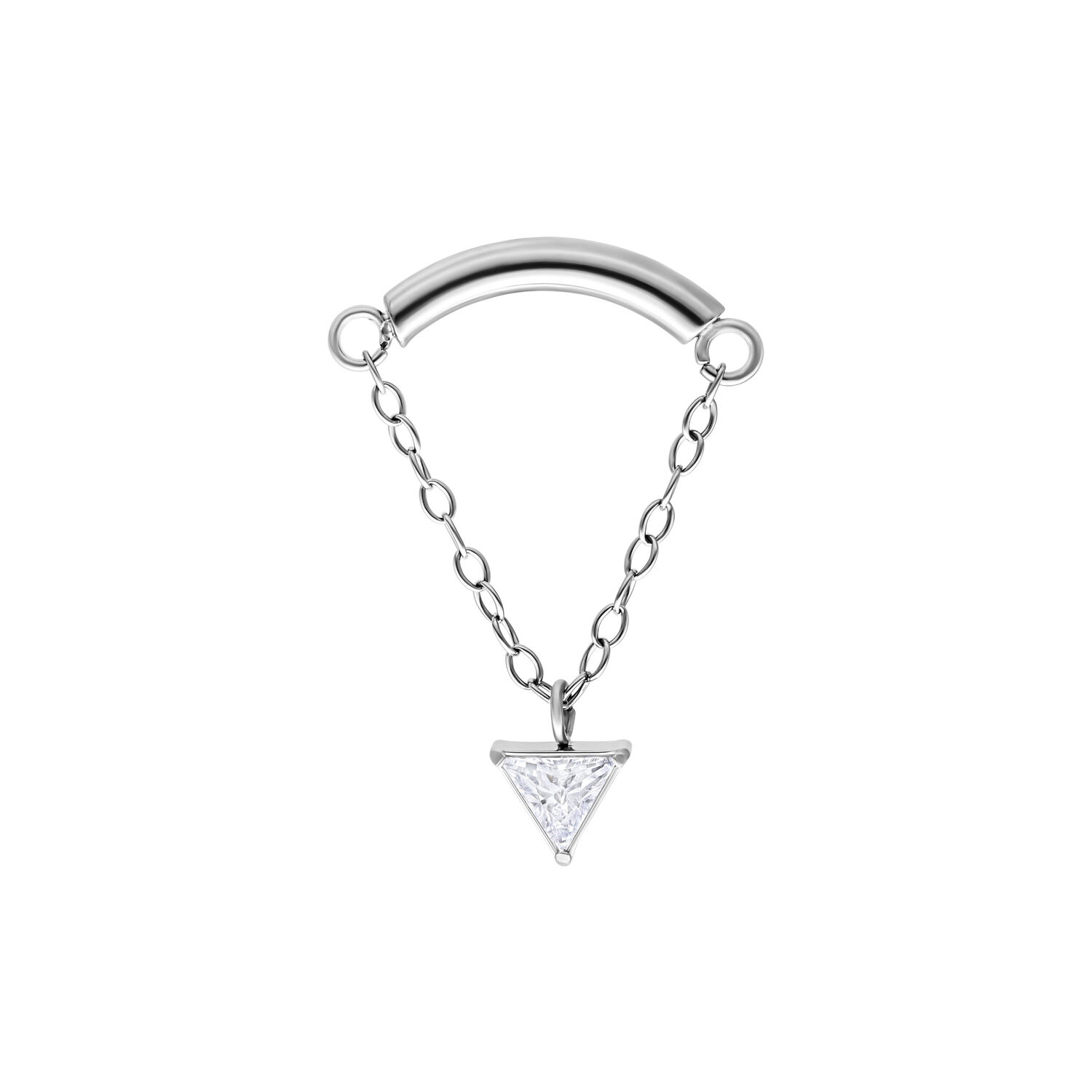 Silberfarbener Triangle Helix Aufsatz mit Kristall Silberner Helix Aufsatz mit dreieckigem Kristall-Anhänger und Kette auf weißem Hintergrund