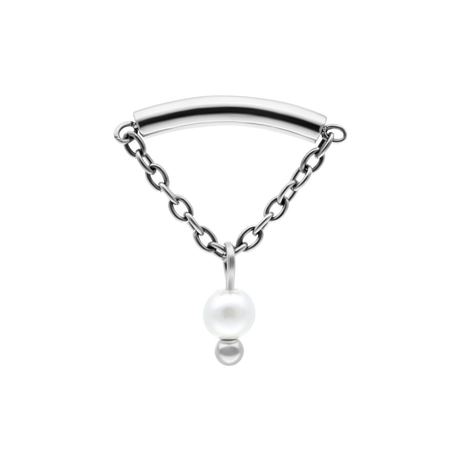 Silberfarbener Helix Push Fit Aufsatz mit Kette und Perle auf weißem Hintergrund
