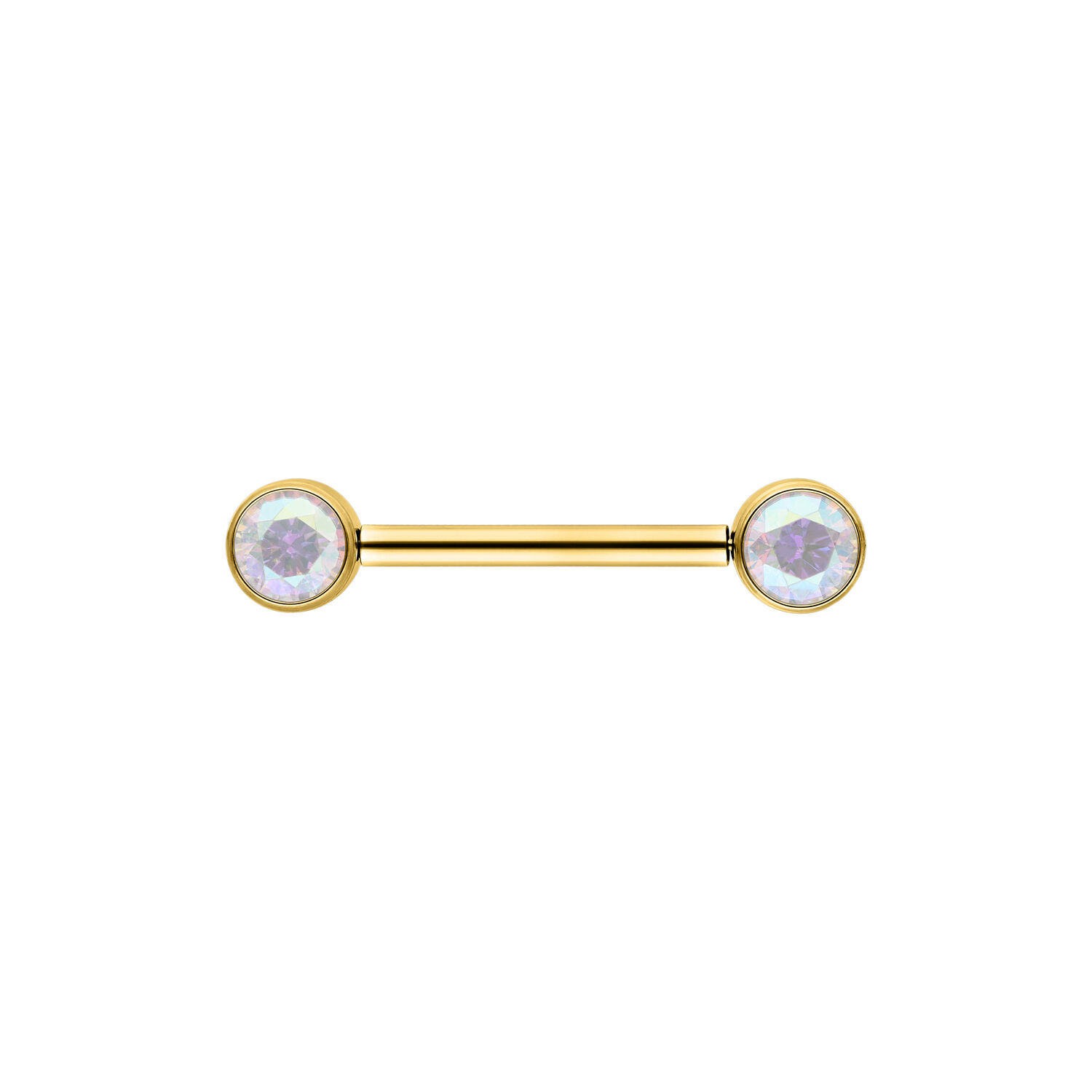 Muse Barbell Aurora Boreale Gold 12mm Goldenes Nippel Barbell mit Aurora Boreale Kristallen auf weißem Hintergrund