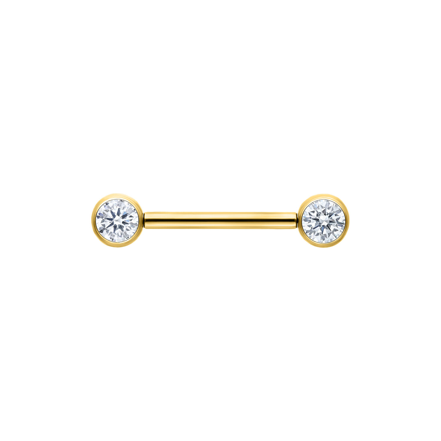 Muse Barbell Gold mit Kristall, 12mm Goldenes Muse Barbell mit kristallklaren Enden auf weißem Hintergrund