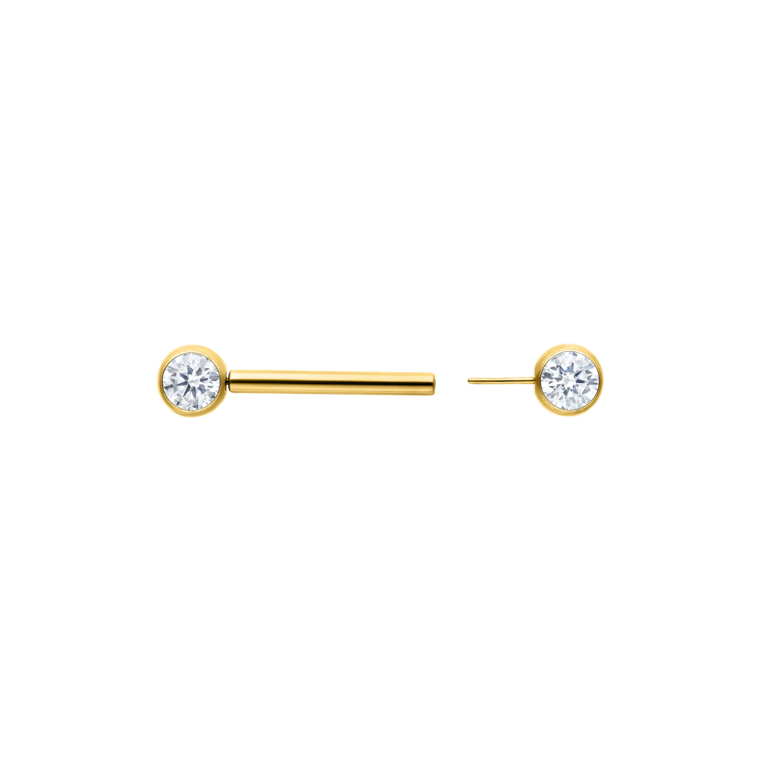 Muse Barbell Weiß Gold 12mm Kristallklar Goldenes Muse Barbell mit kristallklarem Kristall, 12mm Länge auf weißem Hintergrund