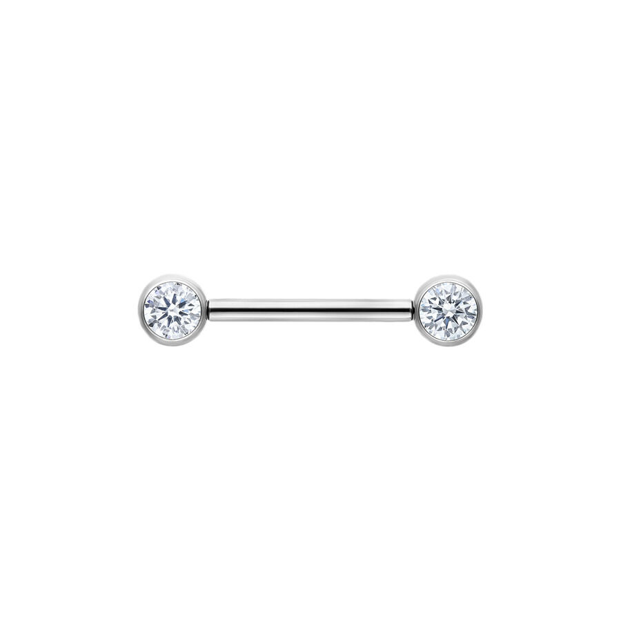 Muse Barbell Silber 14mm mit Kristallklaren Steinen Silberfarbene Muse Barbell mit kristallklaren Steinen, 14mm Länge auf weißem Hintergrund