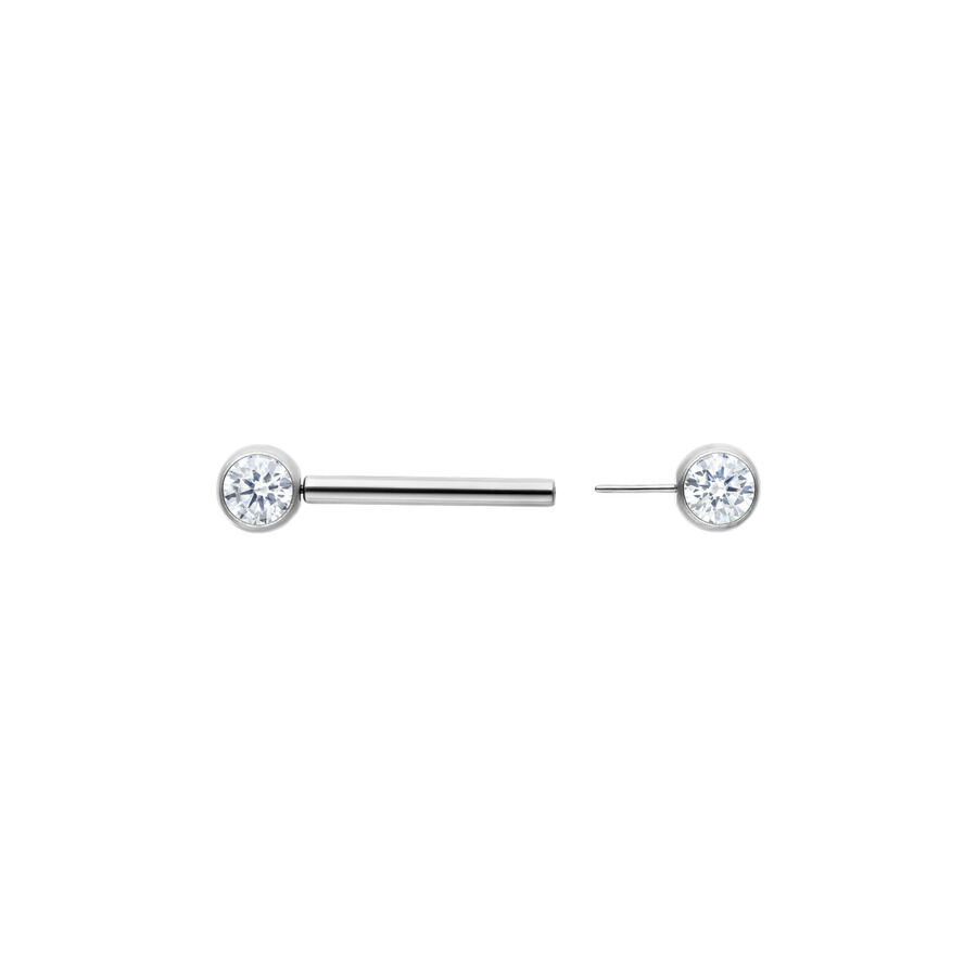 Muse Barbell - Weiß, 14.0 mm, Silber Silbernes Barbell mit klarem Kristall, Länge 14 mm, auf weißem Hintergrund