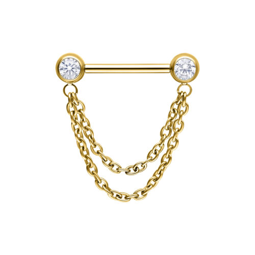 Goldene Barbell mit zwei Ketten und glitzernden Steinenden auf weißem Hintergrund