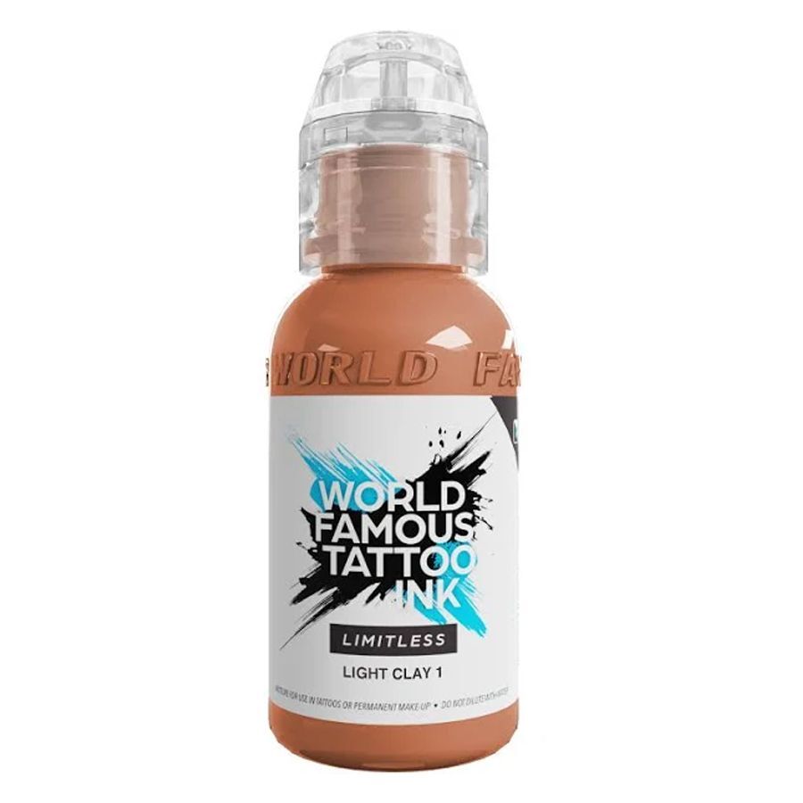 World Famous Ink Limitless Light Clay 1 - 30 ml Braune und beige Tattoofarbe, 30 ml Flasche auf weißem Hintergrund
