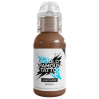 Braune Tattoofarbe von World Famous Ink in 30ml Flasche auf weißem Hintergrund
